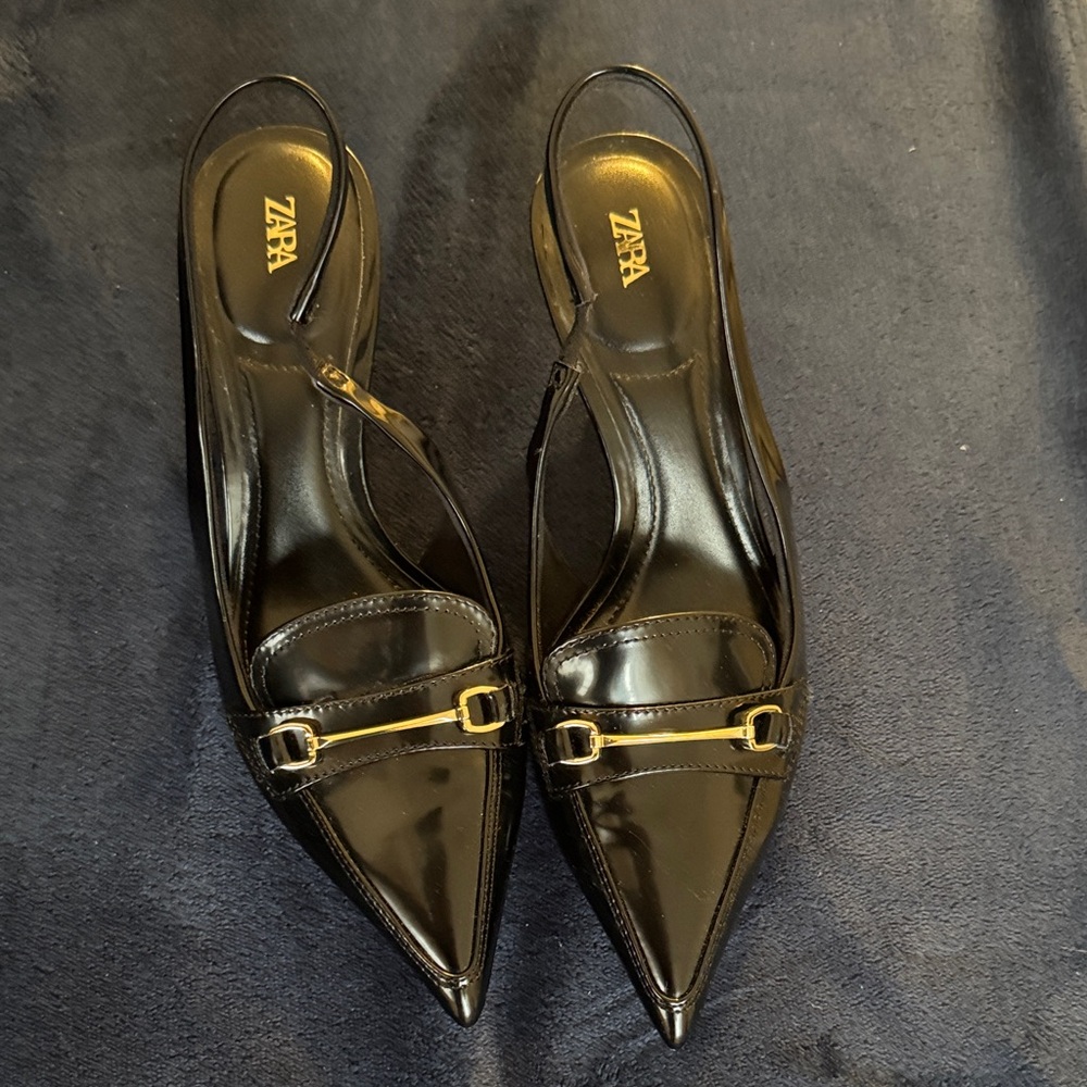 Zara Black Patent Pointed Slingback Pumps with Gold Buckle Accent